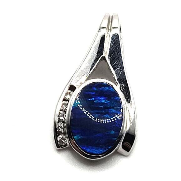 Blue Fire Opal Pendant Necklace with Crystal 1.25 in - Picture 3 of 3